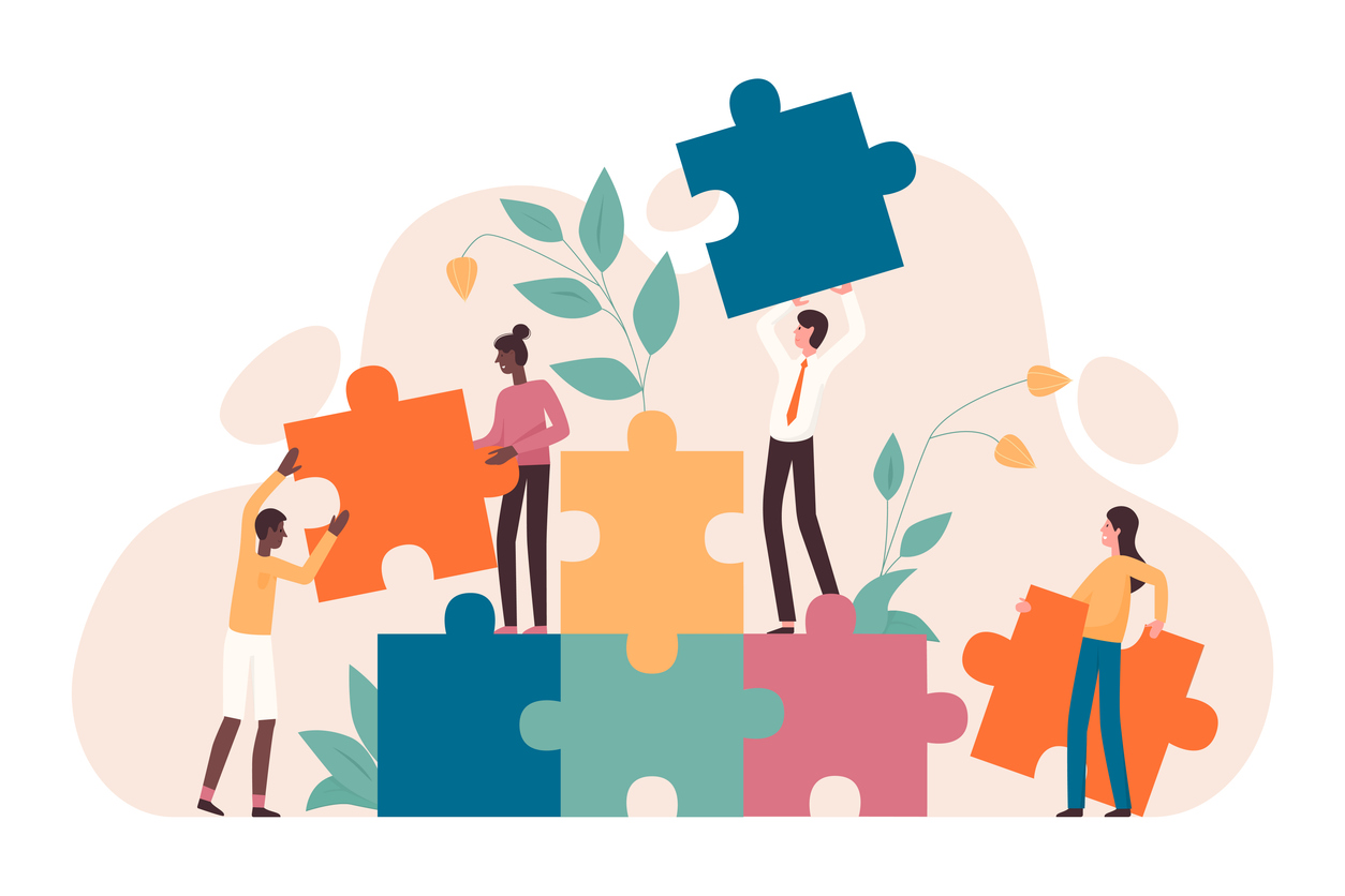 Illustration of people lifting up puzzle pieces together